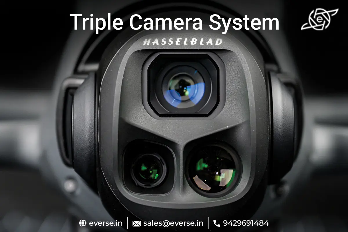 Close-up of DJI Mavic 4 Pro Standard triple camera system with Hasselblad wide, medium tele, and telephoto lenses
