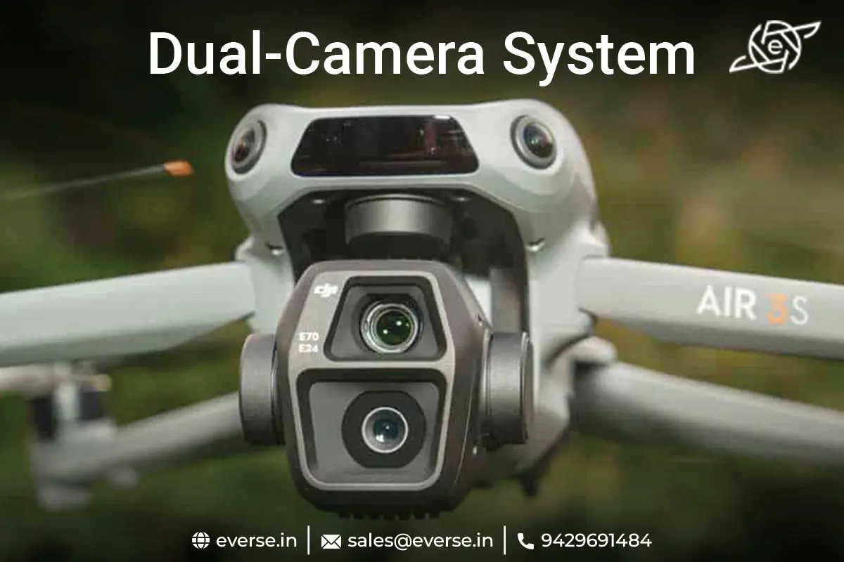Close-up of DJI Air 3S dual camera system with wide-angle and telephoto lenses